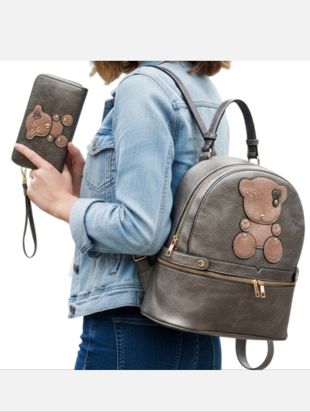Metallic Pewter Bear Backpack and wallet set